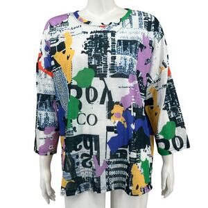 Shana Top Womens Large White Blue Multi Tunic Thin Knit 3/4 Sleeves Artsy Office